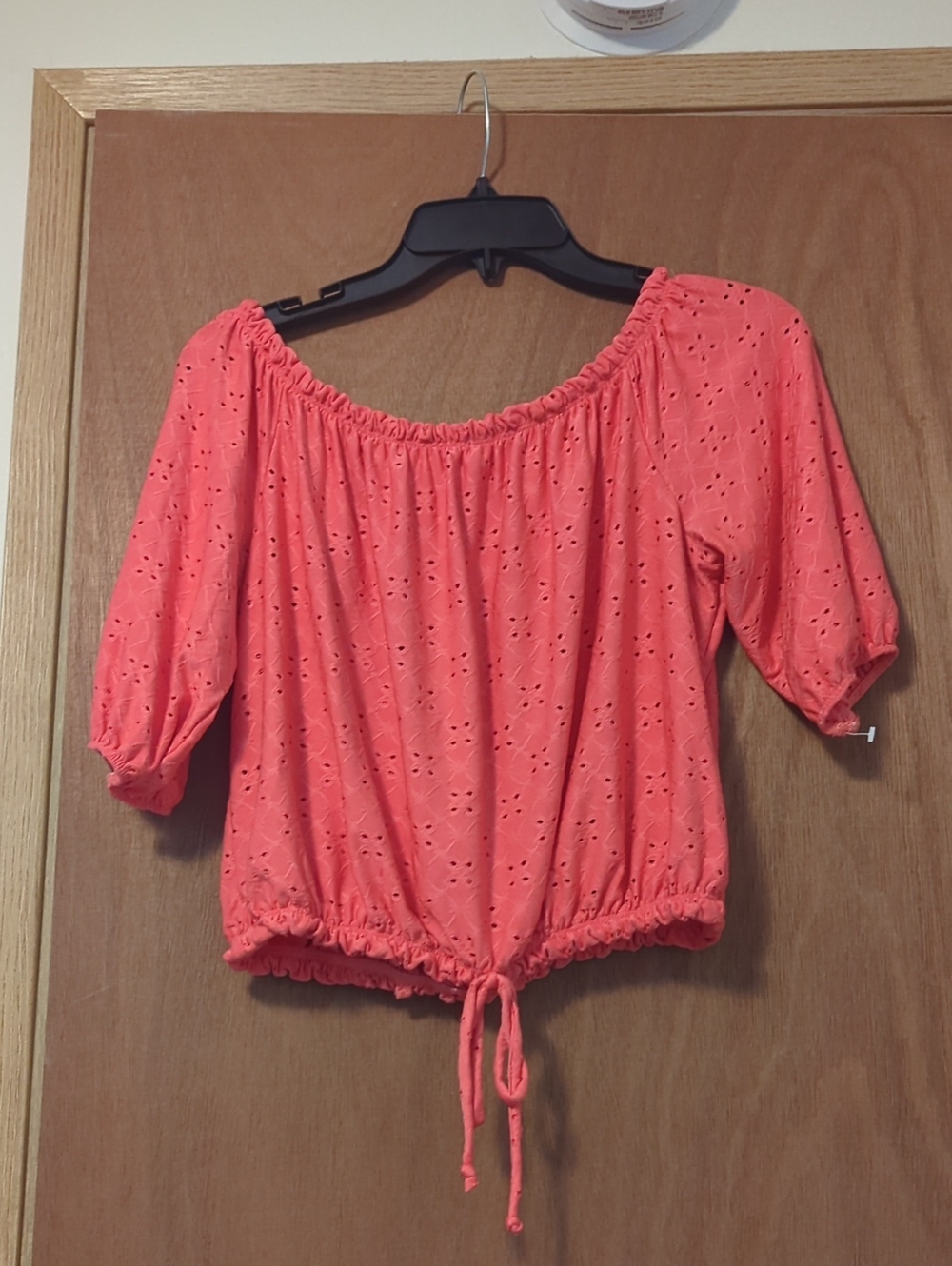 Coral Eyelet Off-Shoulder Drawstring Hem Blouse